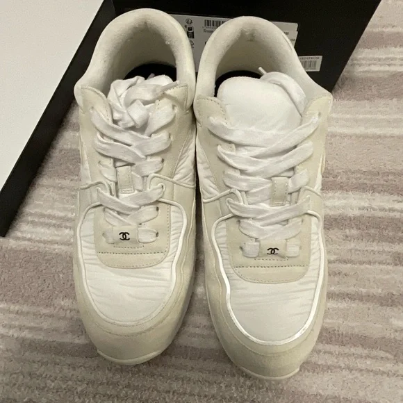 Chanel CC Off White Fabric Sneaker 38.5 - Picture 2 of 13